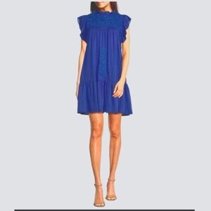 J.Marie Swift Blue with Blue Embroidery Ruffle Neck Dress Medium